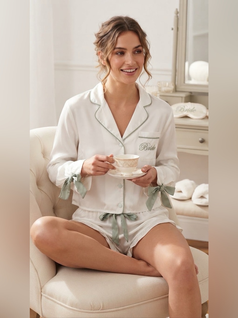Lulus Kelda Ivory and Sage Satin Embroidered Two-Piece Pajama Set size L